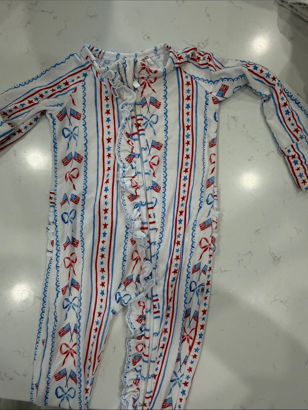 Girls' White Red & Blue Ruffle Front-Zip One-Piece Footie